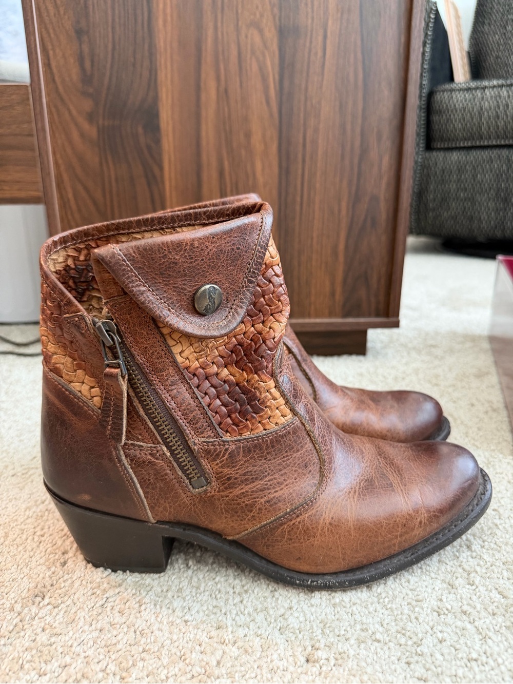 Women’s Brown Woven Leather Ankle Boots